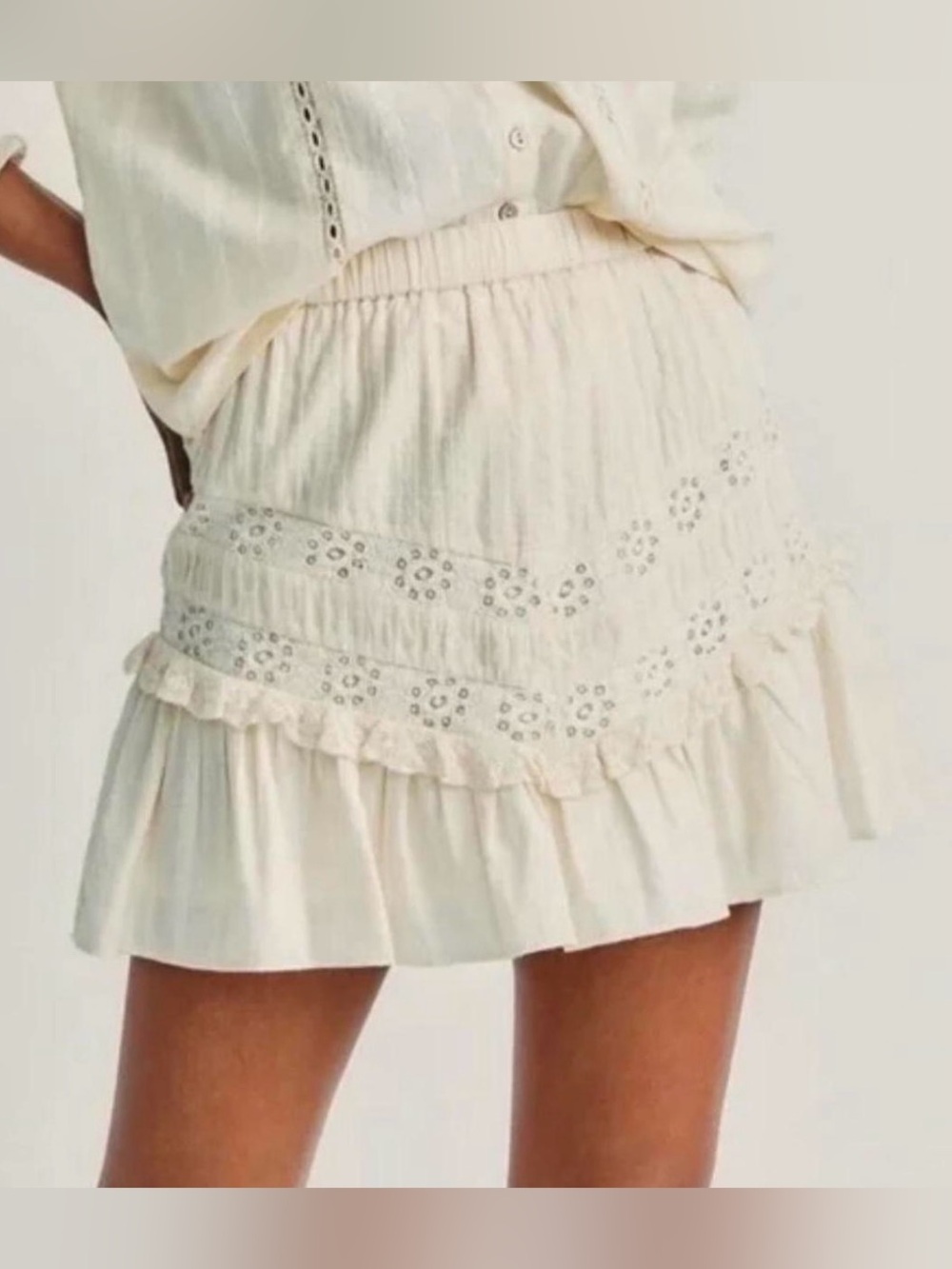 Love Shack Fancy Light Cream Eyelet Ruffle Mini Skirt